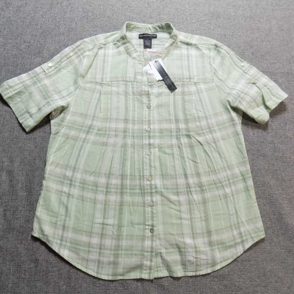 Preswick & Moore Blouse Womens L Green NEW Plaid Cotton Short Sleeve BD975PL - Picture 2 of 9